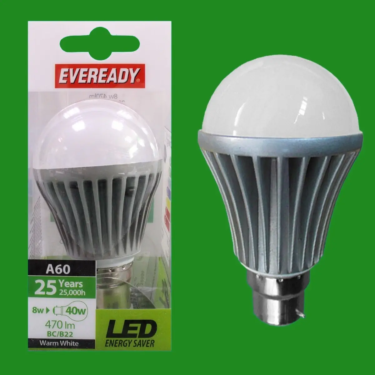 8x 8W (=40W) LED GLS A60 Warm White 3000K Light Bulbs, Bayonet Cap B22 Lamps