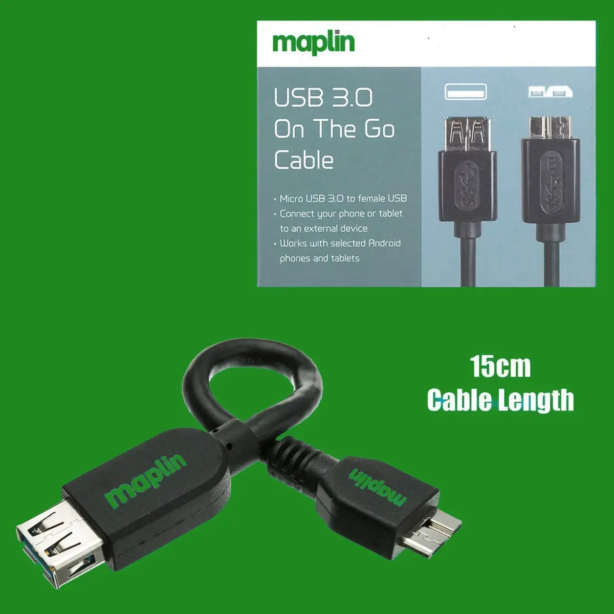 Maplin Male Micro USB 3.0 to Female USB OTG On The Go 15cm Cable Mobile Adapter