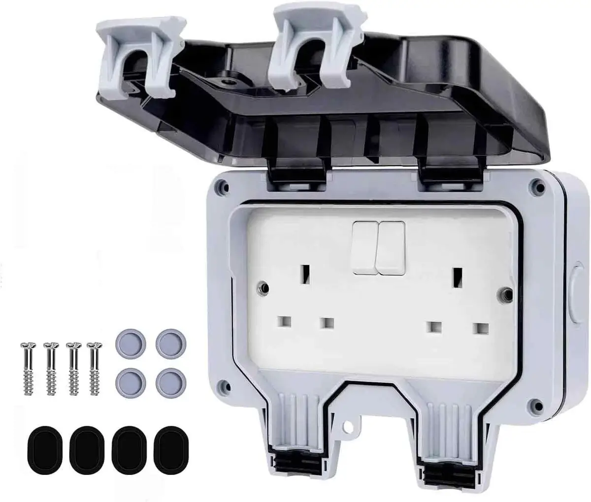 1x 2 Gang UK Mains Switched Outdoor Sealed Weatherproof Double Socket, IP66, 13A