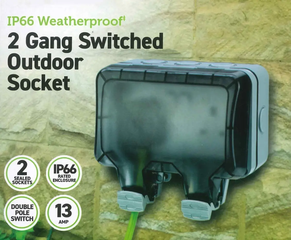1x 2 Gang UK Mains Switched Outdoor Sealed Weatherproof Double Socket, IP66, 13A - image 2 | Free standard UK delivery included | Discount Quality Products
