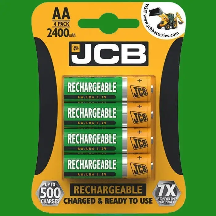 4x AA Rechargeable JCB Batteries, 1.2V NiMh, 2400mAh Up To 500 Charges