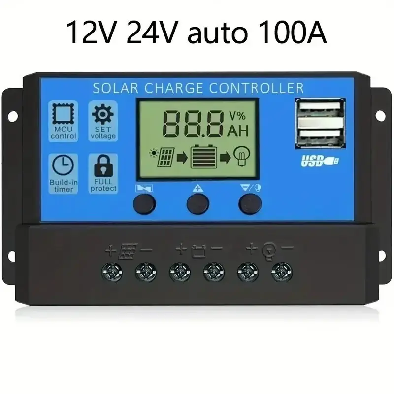 100A Solar Panel Battery Charge Controller 12V 24V, Dual USB Port, LCD Display