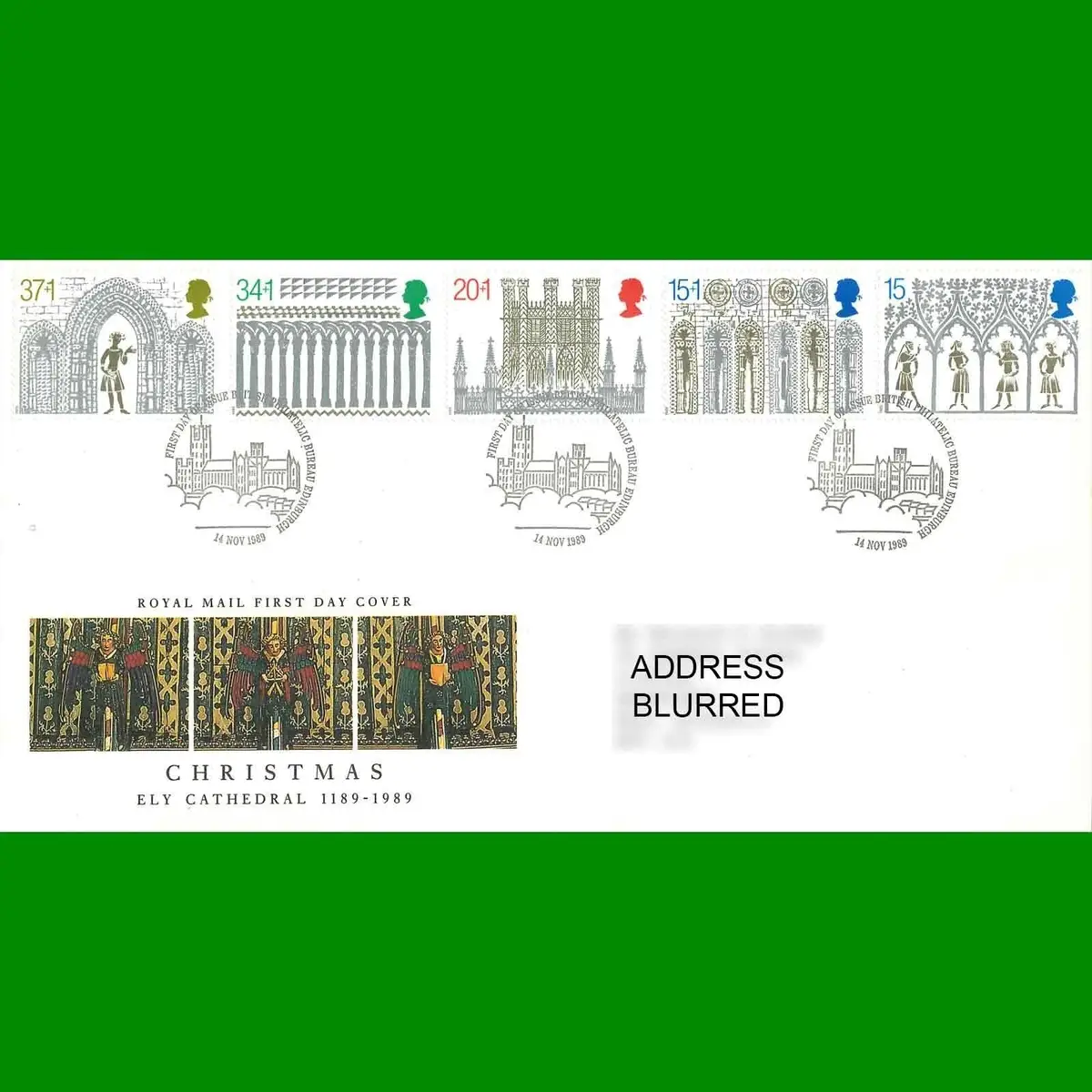 FDC Christmas Ely Cathedral Royal Mail First Day Cover Stamps, 14.11.1989