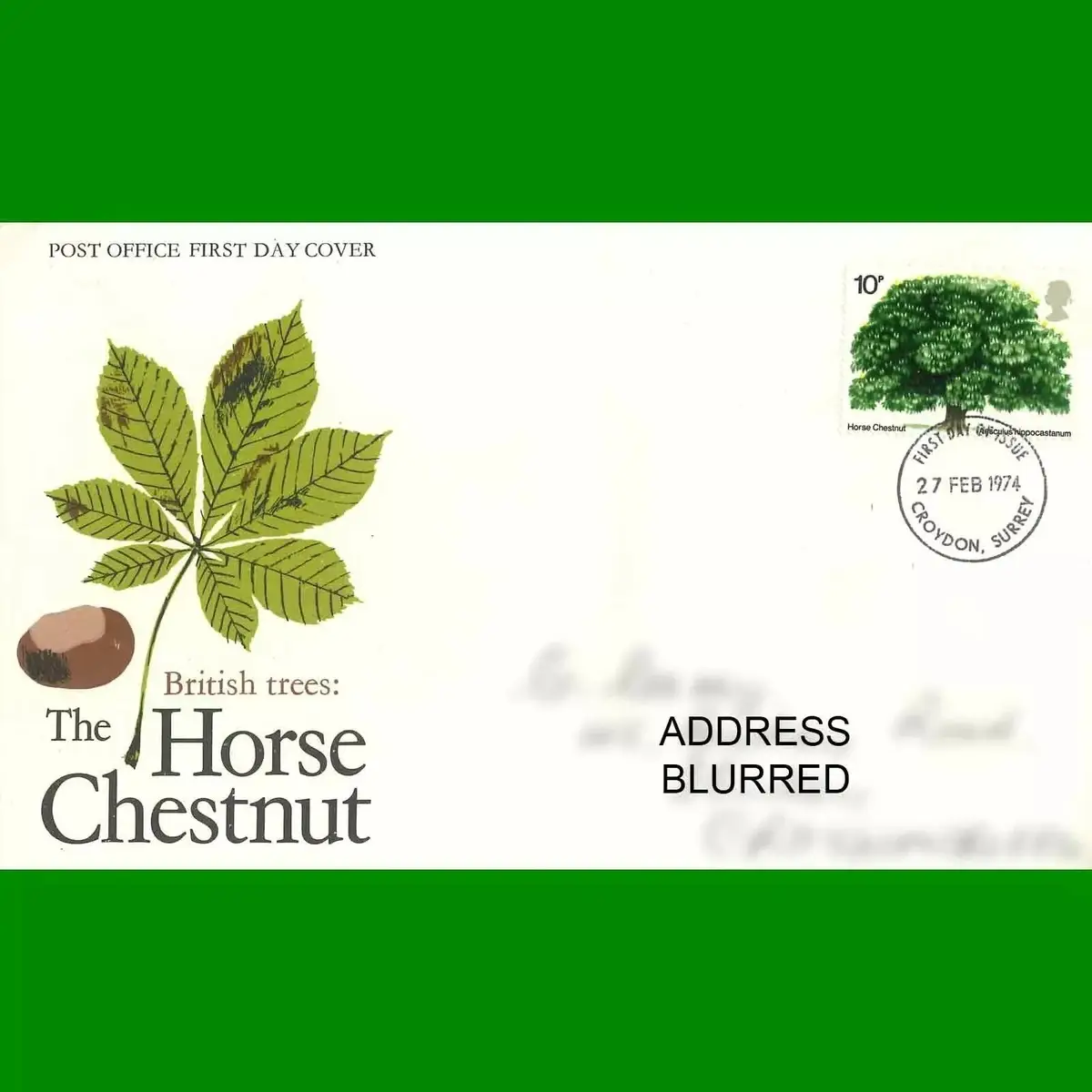 FDC British Trees: Horse Chestnut Post Office First Day Cover Stamp, 27.2.1974