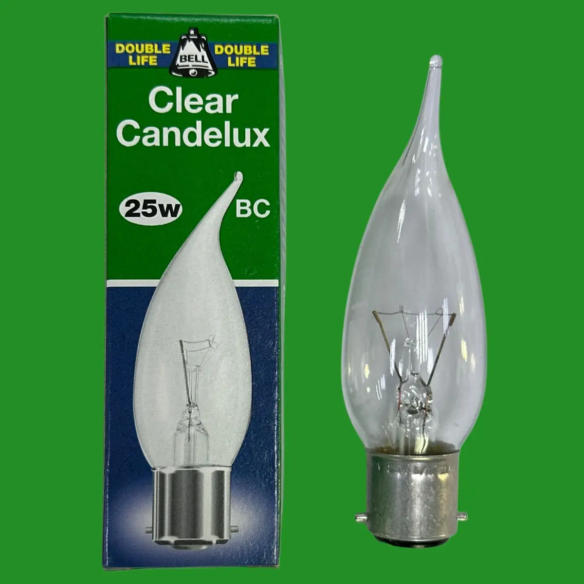 4x 25W BELL Clear Bent Tip Candle Dimmable Light Bulbs, BC, B22 Candelux Lamp