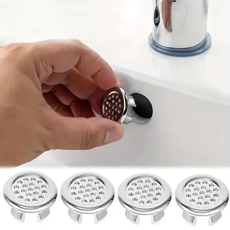 4x Ceramic Sink Basin Overflow Cover, Decorative Silver Round Insert Hole Cover