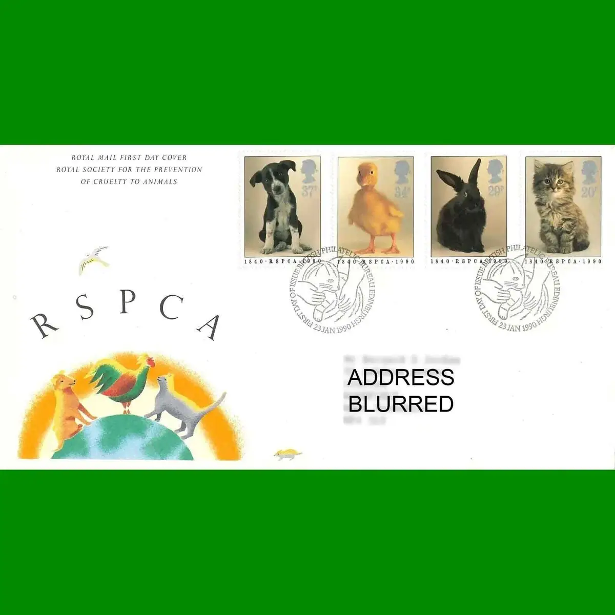 FDC RSPCA 150th Anniversary Royal Mail First Day Cover Stamps, 23.1.1990