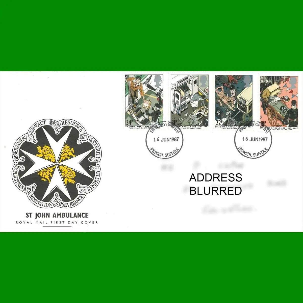 FDC St John Ambulance Commemorative Royal Mail First Day Cover Stamps, 16.6.1987