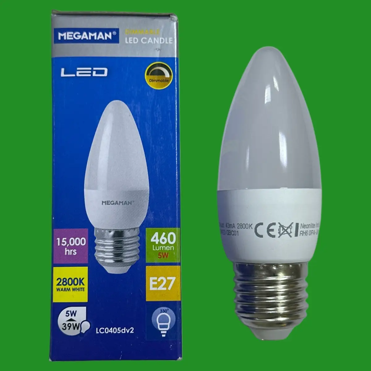2x 5W (=39W) Megaman Dimmable LED Candle Light Bulb ES E27 Edison Screw 2800K