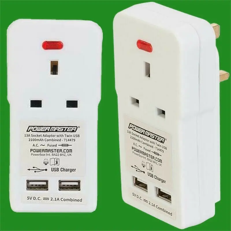 13A Plug Through UK Mains Socket Plug Adaptor (2) Twin USB Charger &amp; Neon Light