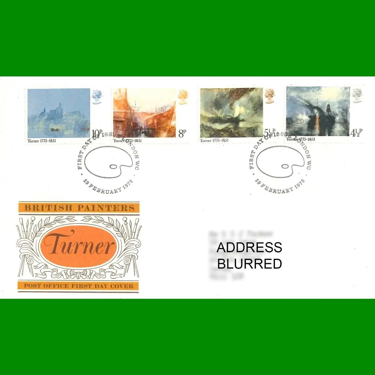 FDC British Painters JMW Turner Post Office First Day Cover Stamps, 19.2.1975
