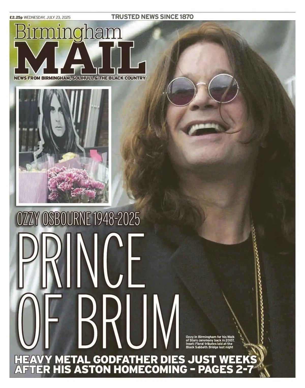 Birmingham Mail Newspaper: Ozzy Osbourne, Black Sabbath, Dies at 76, 23.7.25