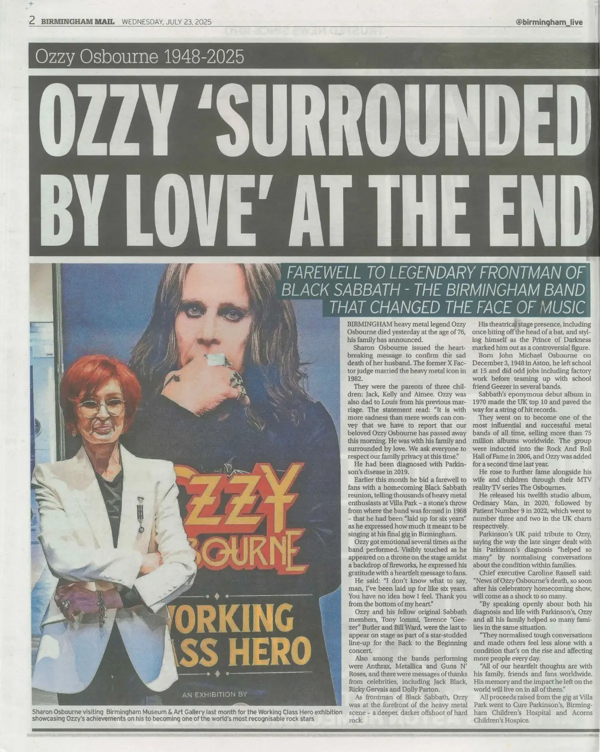 Birmingham Mail Newspaper: Ozzy Osbourne, Black Sabbath, Dies at 76, 23.7.25 - image 2 | Free standard UK delivery included | Discount Quality Products