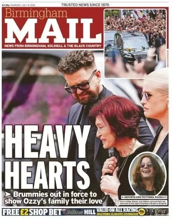 Birmingham Mail Newspaper: Ozzy Osbourne, Black Sabbath, Funeral, Sharon 31.7.25