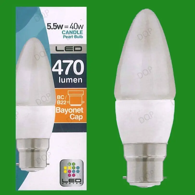 25x 5.5W LED Ultra Low Energy, Instant On, Pearl Candle Light Bulb, BC, B22 Lamp