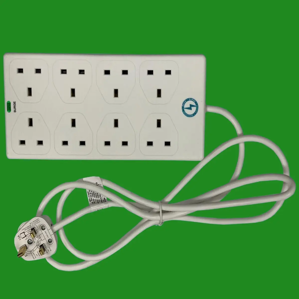 2m White 8 Gang Socket Extension Lead Cable 13A 3 Pin UK Socket Surge Protected