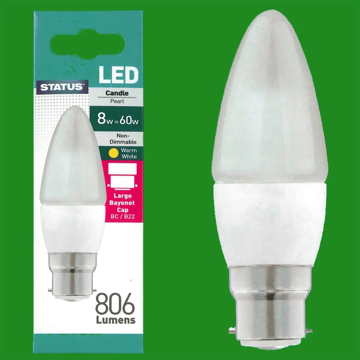 8x 8W (=60W) LED Candle BC B22 Bayonet Cap 2700K Warm White Light Bulbs
