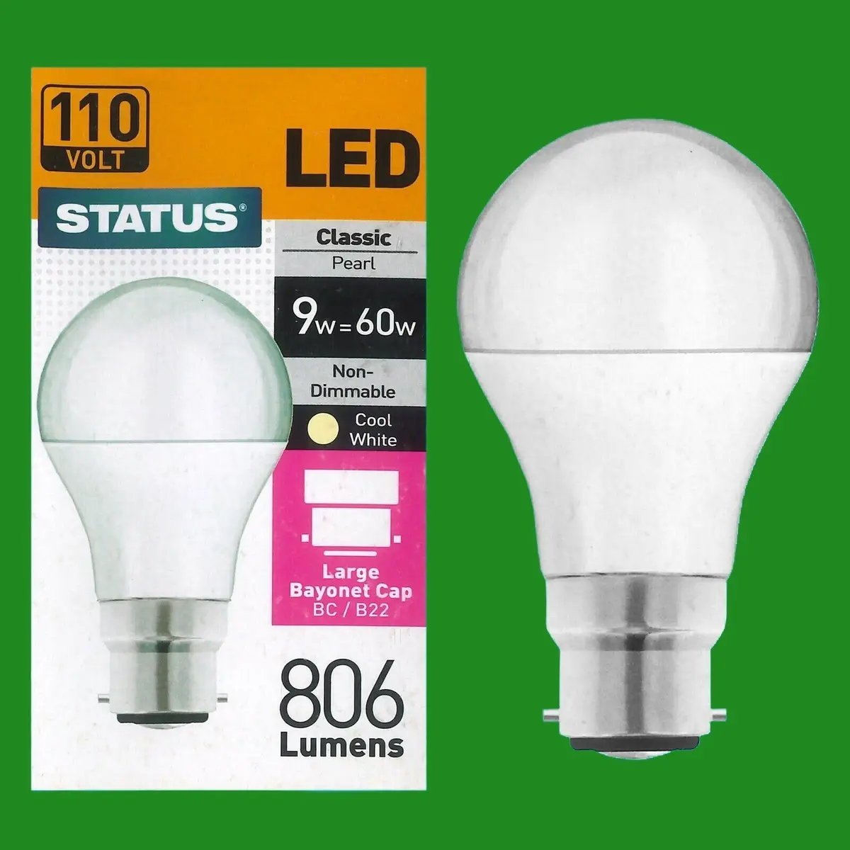4x 9W (=60W) 110V Pearl LED, A60 GLS Globe, Bayonet Cap BC B22 Light Bulb Lamp