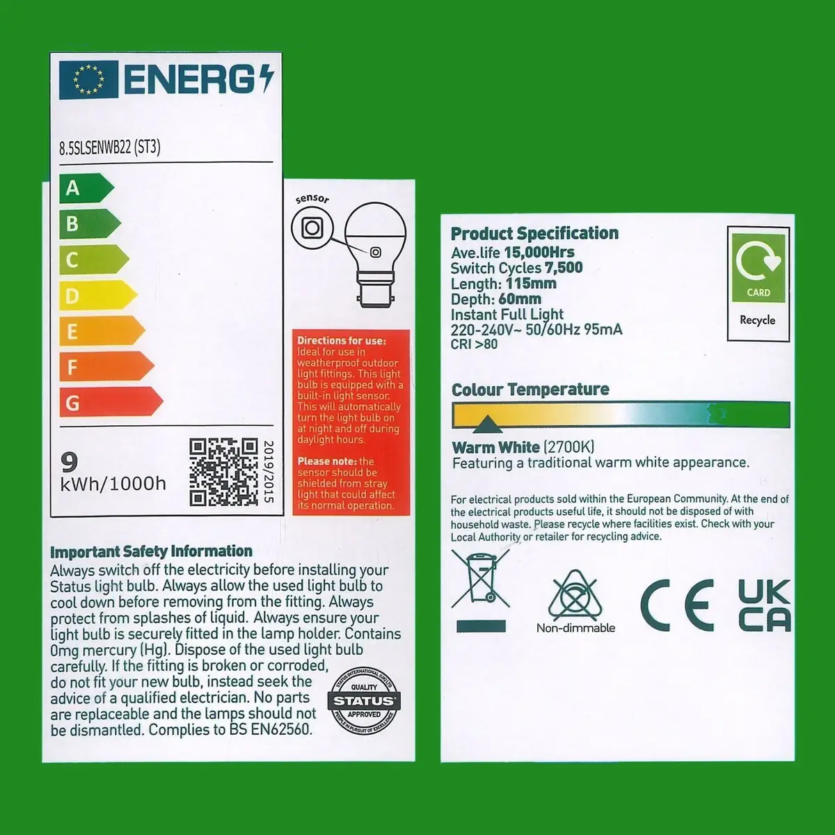 8x 8.5W =60W LED GLS Dusk Till Dawn Sensor Security Night Light Bulb BC B22 Lamp - image 3 | Free standard UK delivery included | Discount Quality Products