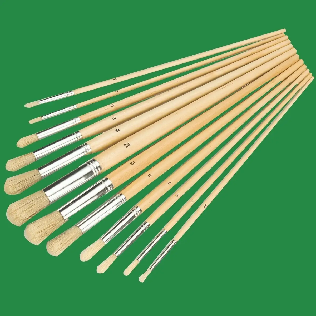 Artists Wooden Paint Brush Set 12pce Tips From 3mm-14mm Oil Acrylic Watercolour