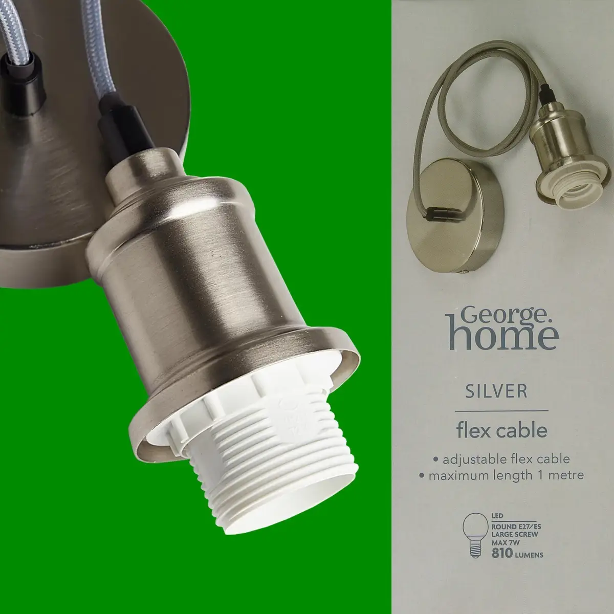 1x Silver Adjustable 1 Metre Ceiling Light Flex Cable Pendant Holder, LED ES E27