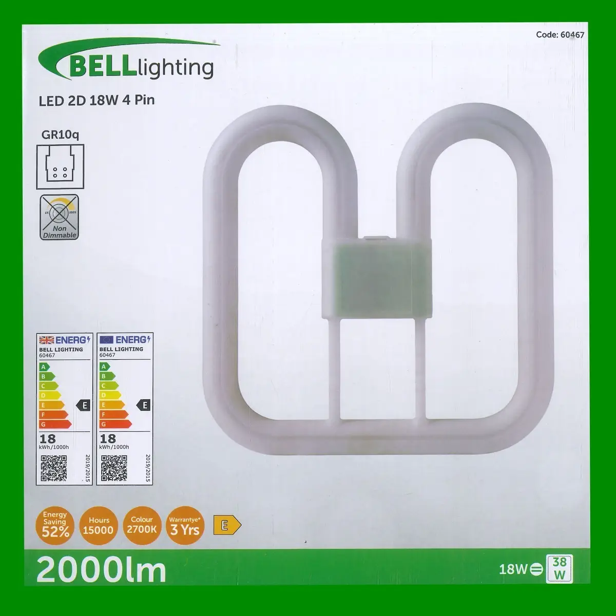 1x 18W =36W Replacement LED GR10Q 4 pin 2700K Warm White 2D Light Bulb Double D