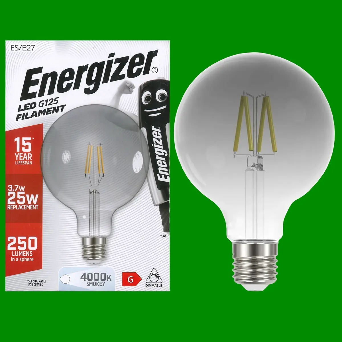 2x 3.7W G125 LED Filament Dimmable Smokey 4000K ES E27 Light Bulb, 125mm Lamp