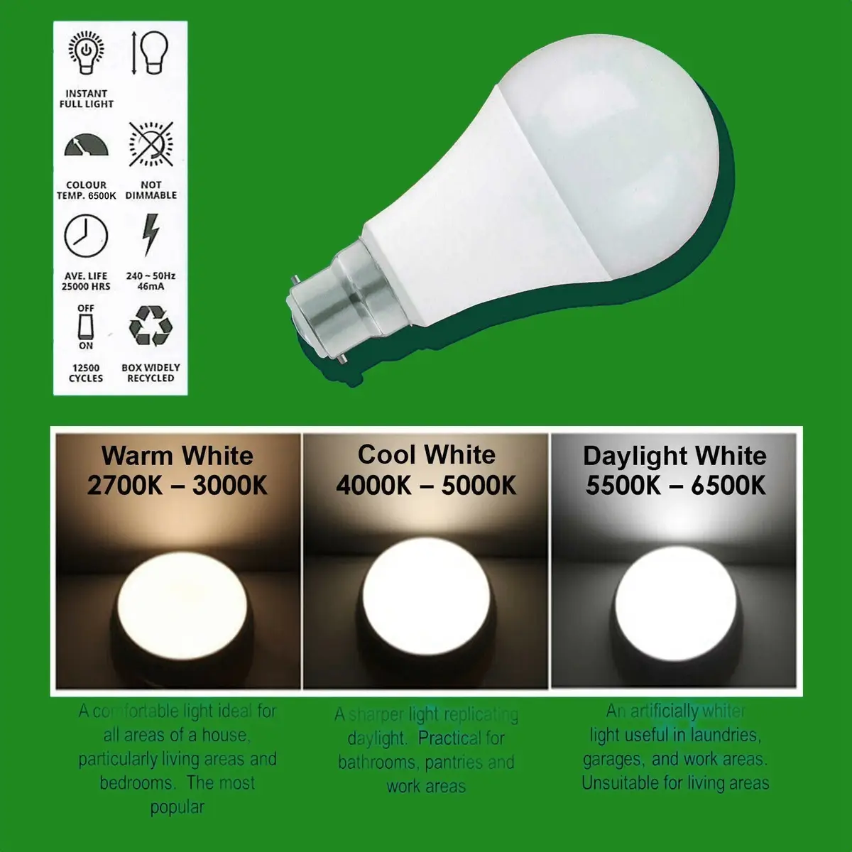 4x 10W (=60W) GLS BC B22 LED Light Bulb Lamp, 6500K Daylight White 806Lm Maxim - image 2 | Free standard UK delivery included | Discount Quality Products