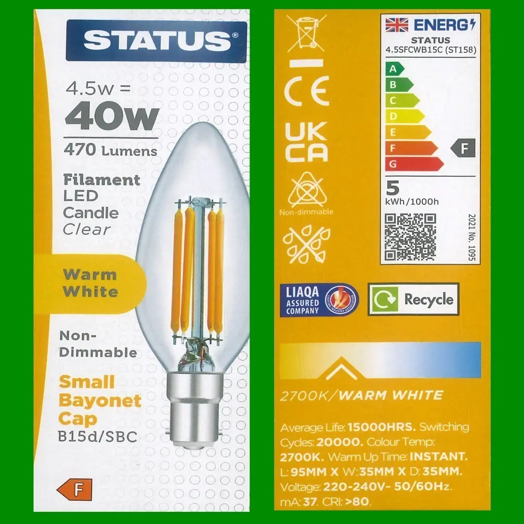 10x 4.5W (=40W) LED Filament Clear Candle Light Bulbs, SBC, B15 2700K B15d Lamps - image 2 | Free standard UK delivery included | Discount Quality Products