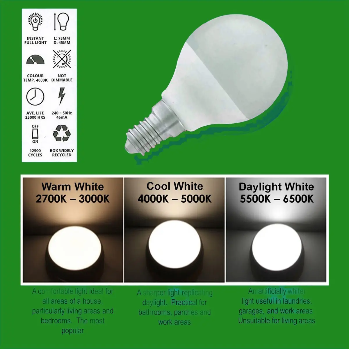10x 6W G45 Golf Ball LED Light Bulb, Round E14 SES 4000K Cool White Lamp - image 2 | Free standard UK delivery included | Discount Quality Products