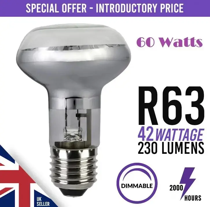 50x 42W (=60W) Halogen R63 Dimmable Clear Reflector Spot Light Lamp ES E27 Bulb - image 2 | Free standard UK delivery included | Discount Quality Products