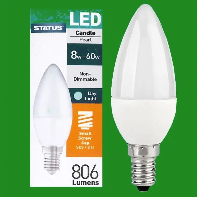 2x 8W (=60W) LED Candle SES E14 6500K Daylight White Small Screw Light Bulbs