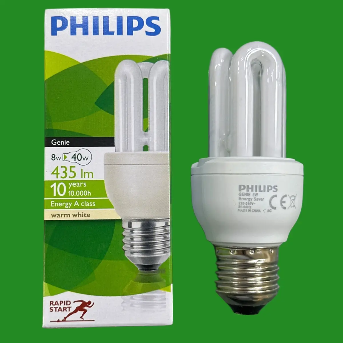 2x 8W (=40W) Philips CFL Stick Light Bulb Low Energy Edison Screw ES E27 Lamp