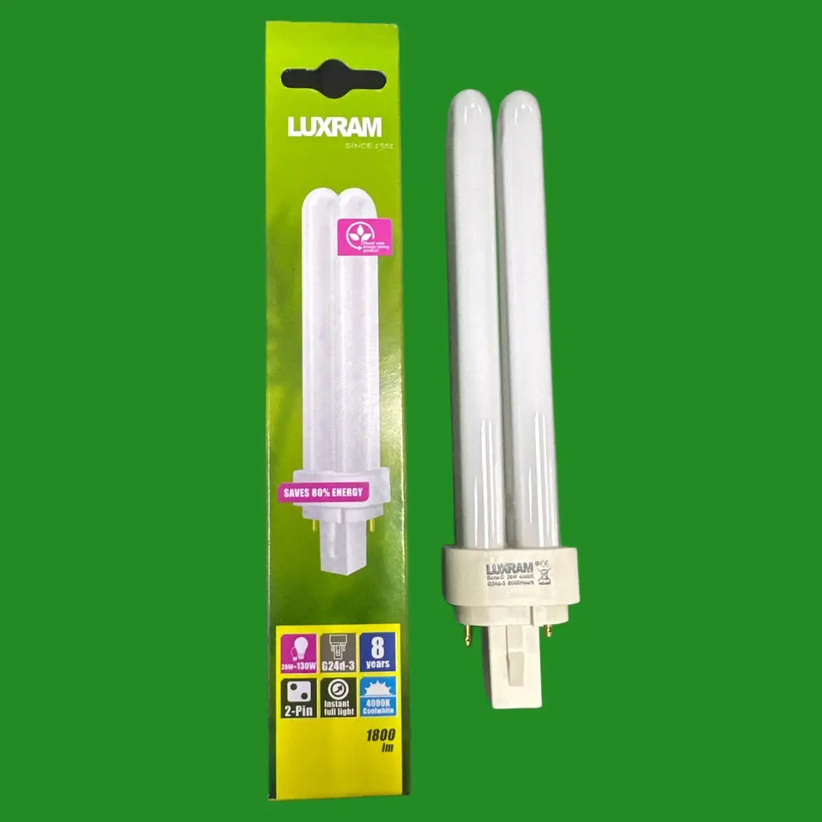 6x 26W LUXRAM G24d-3, 2 pin, Low Energy CFL Light Bulb 4000K Cool White PL Lamp