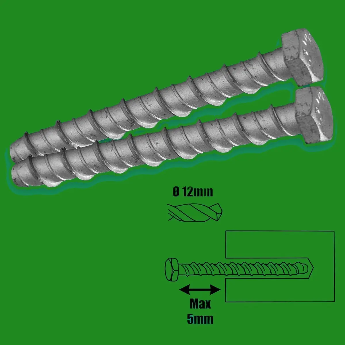 10x Fixing Bolts M12 x 75mm for Concrete, Masonry, Hollow Block HEX Head