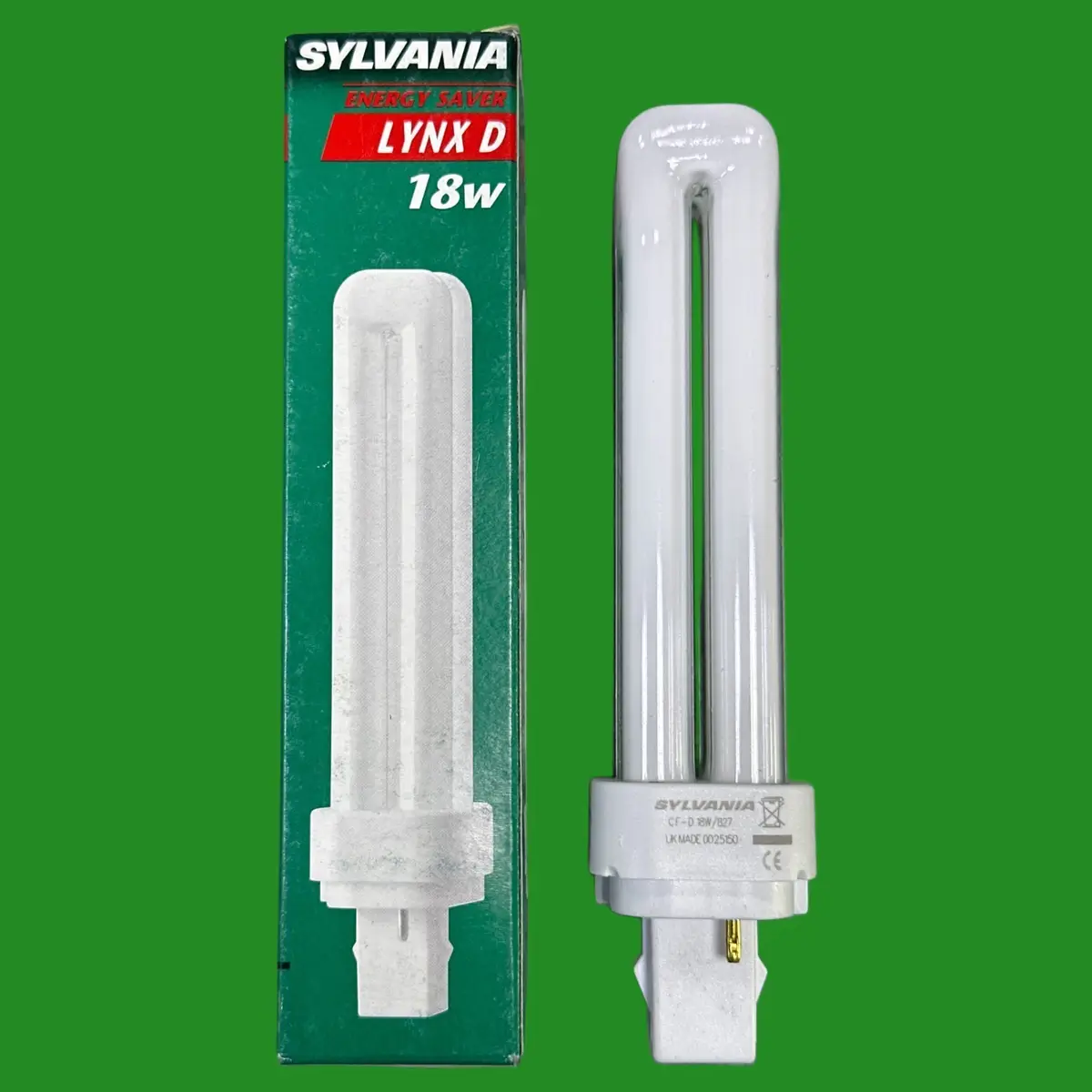 2x 18W Sylvania G24d-2, 2 pin, 2700K 827 Low Energy CFL Light Bulb PL PLC Lamp