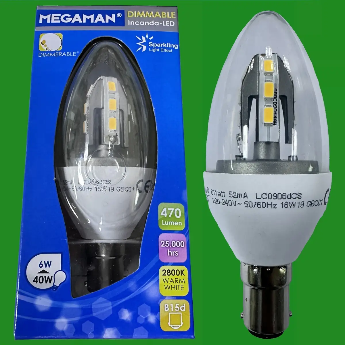 12x 6W (=40W) Megaman Dimmable LED Clear Candle Light SBC B15 Chandelier Bulbs