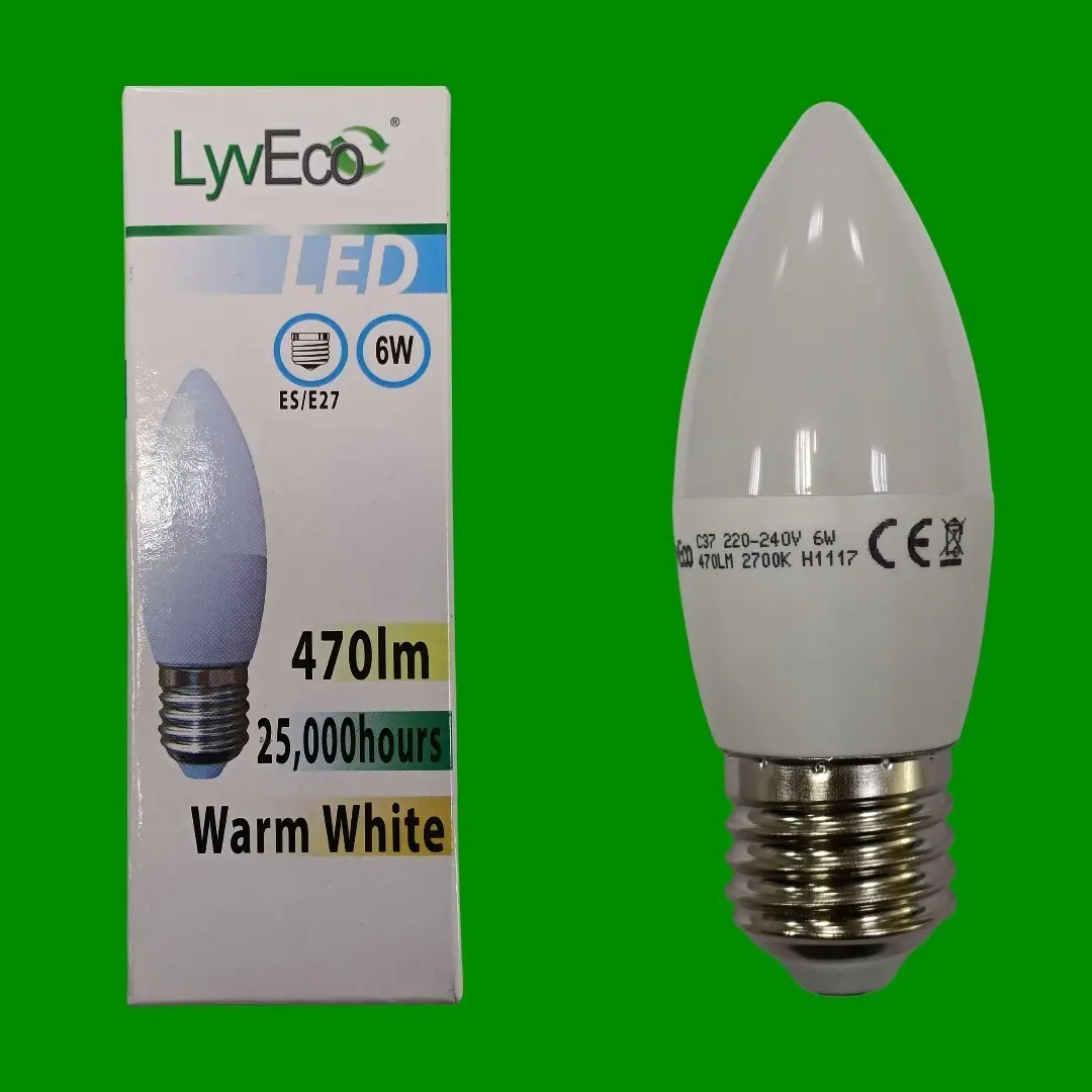 2x 6W(=40W) LyvEco LED Candle 470lm,25000 hours Warmwhite ES E27 Light Bulb Lamp