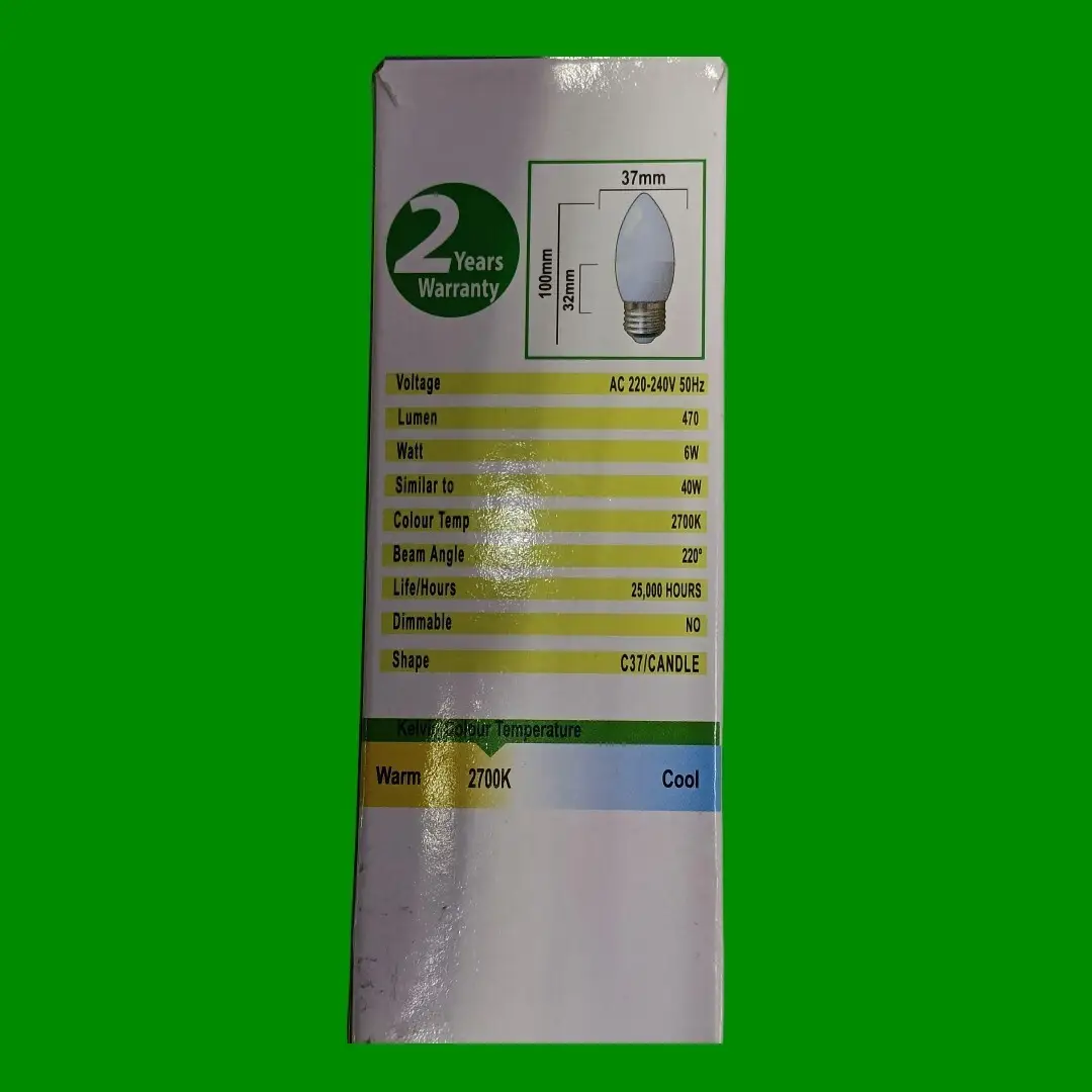 2x 6W(=40W) LyvEco LED Candle 470lm,25000 hours Warmwhite ES E27 Light Bulb Lamp - image 4 | Free standard UK delivery included | Discount Quality Products