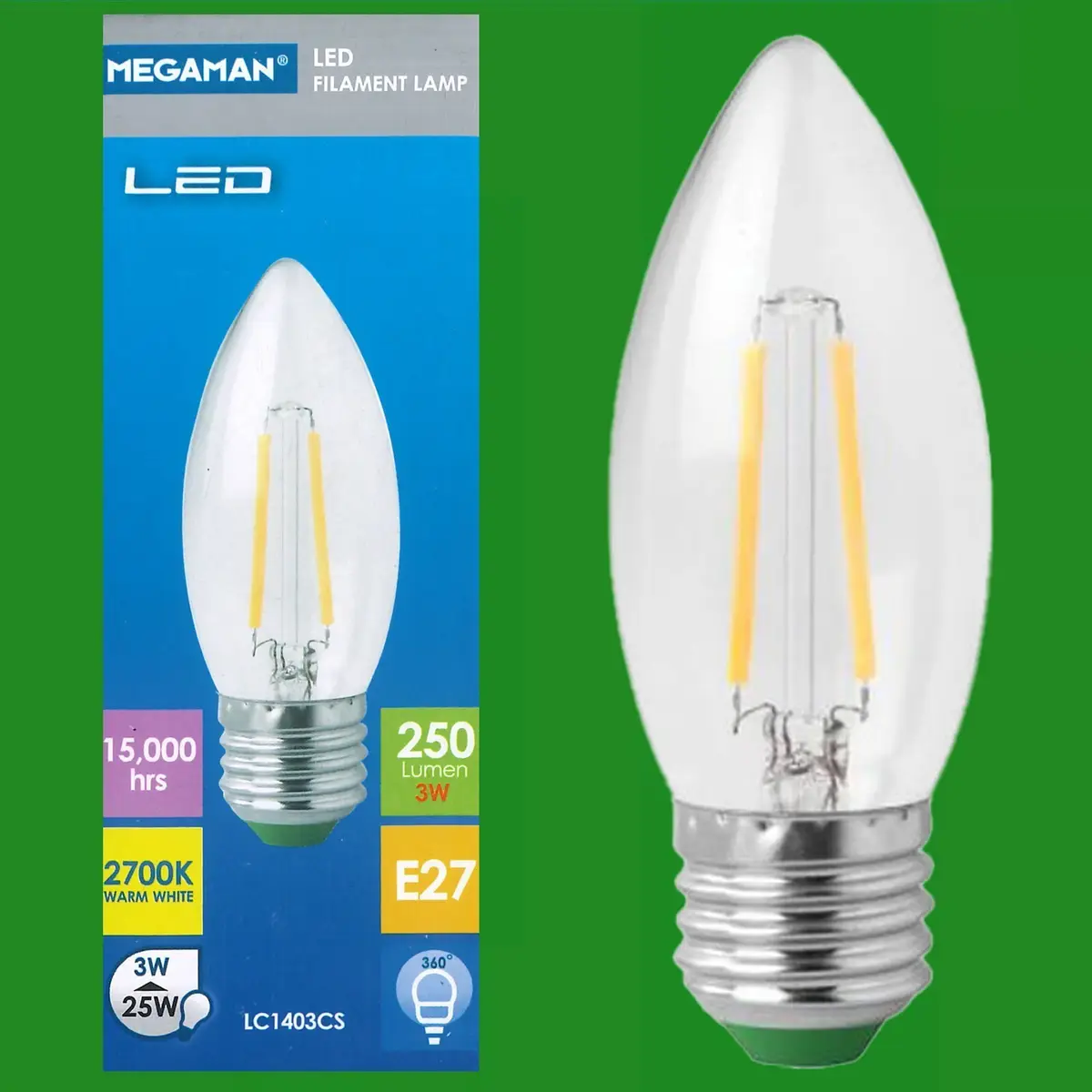 10x 3W (=25W) Megaman Clear LED Filament Candle Light Bulb ES E27 Edison Screw