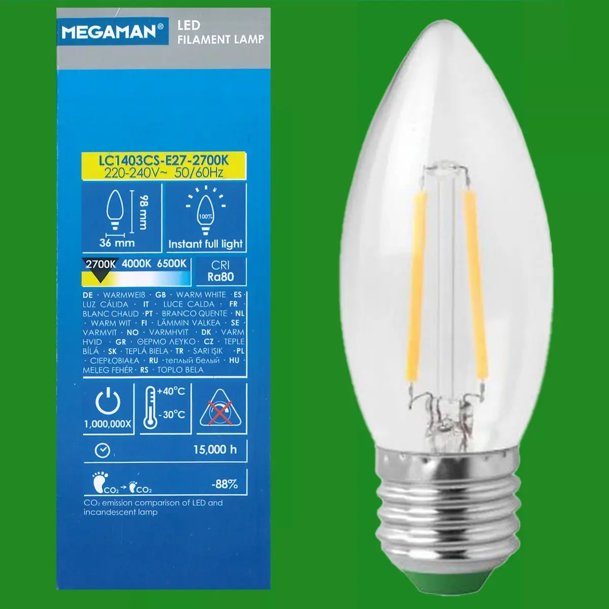 10x 3W (=25W) Megaman Clear LED Filament Candle Light Bulb ES E27 Edison Screw - image 2 | Free standard UK delivery included | Discount Quality Products