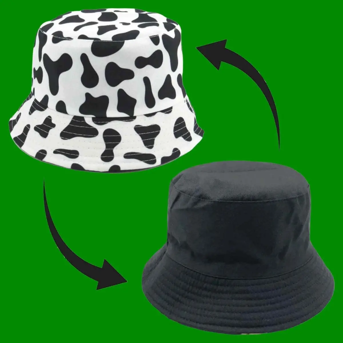 Black Cow Animal Print Pattern Bucket Hat Cap Fully Reversible Unisex Men Women
