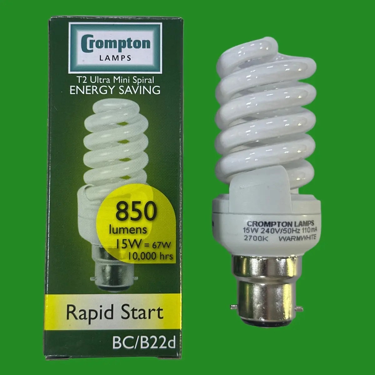 6x 15W (=67W) Crompton CFL Mini Spiral Low Energy Light Bulb Bayonet BC B22 Lamp