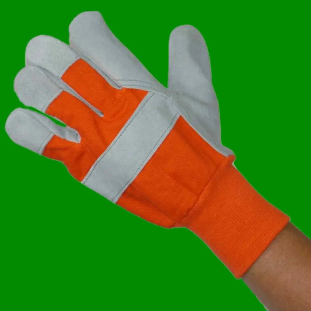 2x Pair Large Chrome Leather Palm Work Builder Gloves Cotton Back, Knitted Wrist