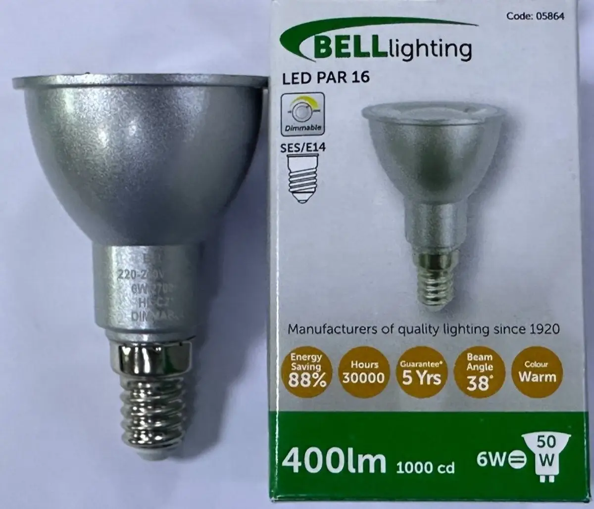 2x 6W (=50W) BELL PAR16 LED Dimmable Reflector 38° Flood Light Bulb SES E14 Lamp