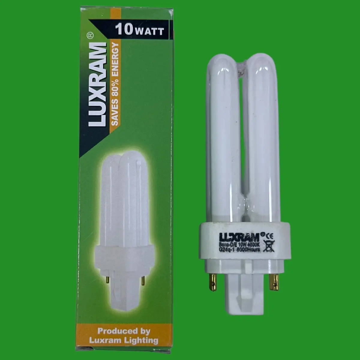 2x 10W Luxram G24q-1, 4 pin, 4000K Low Energy CFL PL Light Bulb Cool White Lamp