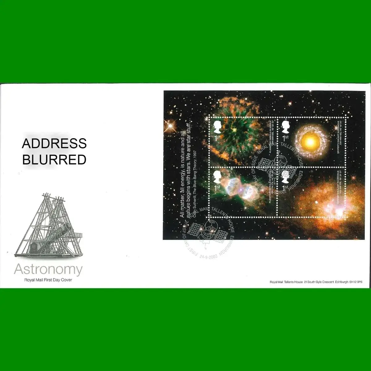 FDC Astronomy, Commemorative Royal Mail First Day Cover Stamps, 24.9.2002