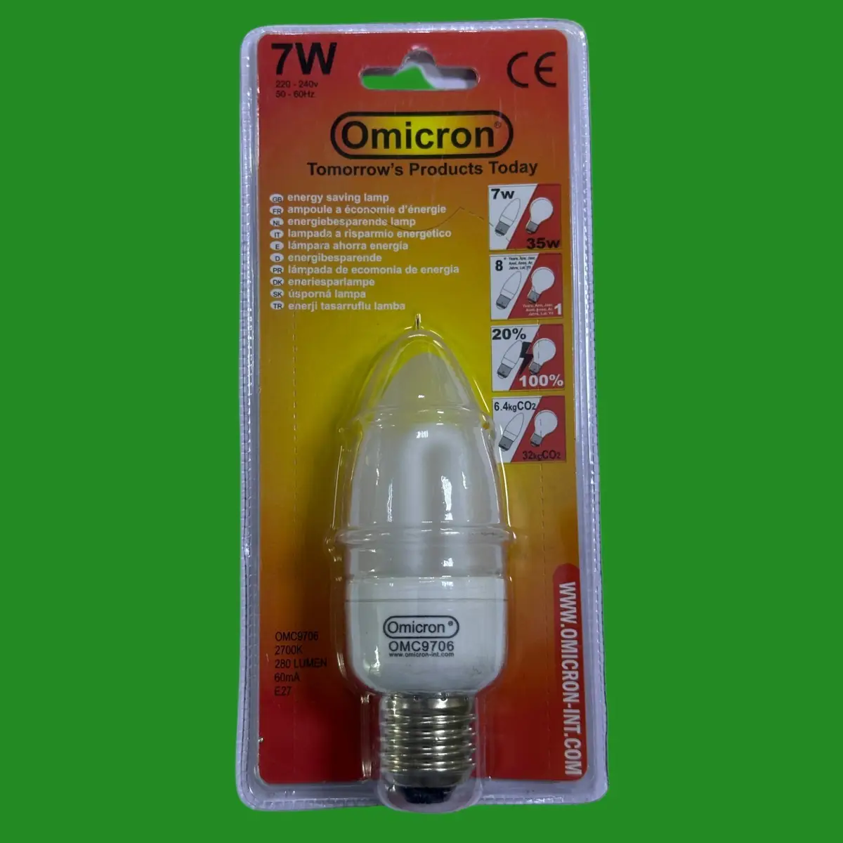 4x 7W (=35W) Omicron CFL Candle Light Bulb Low Energy Power Saving ES E27 Screw
