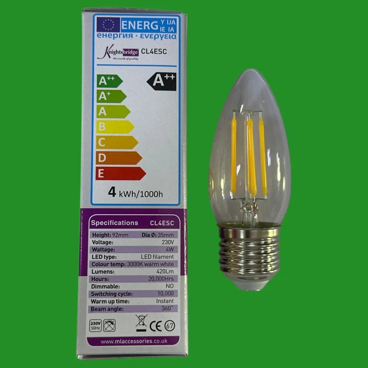6x 4W (=40W) Knightsbridge Clear LED Filament Candle Light Bulbs 3000K ES E27 - image 2 | Free standard UK delivery included | Discount Quality Products