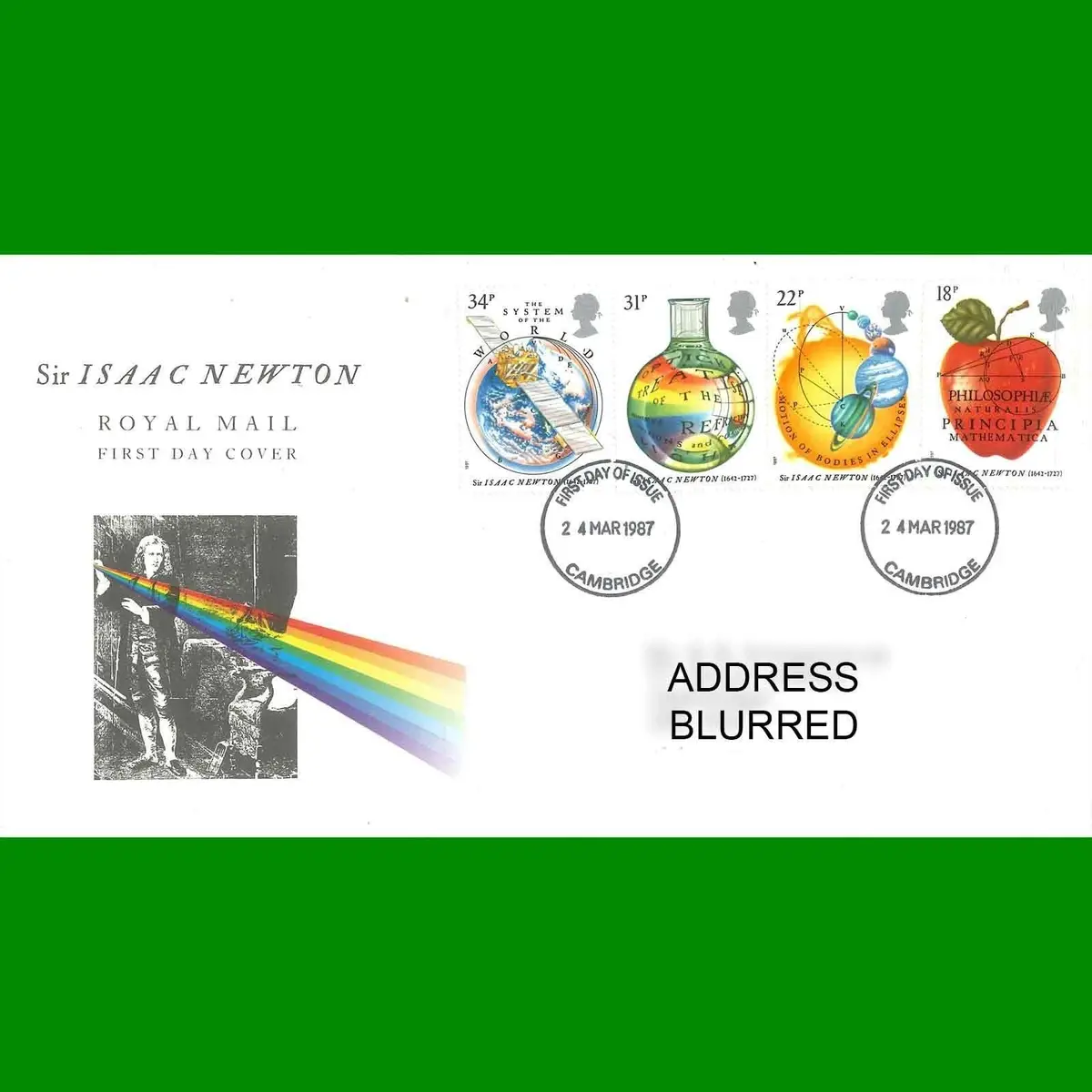 FDC Sir Isaac Newton Commemorative, Royal Mail First Day Cover Stamps, 24.3.1987